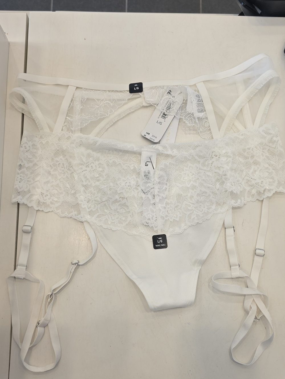 Lace Trim White Garter Thong Set Lasenza Size Large